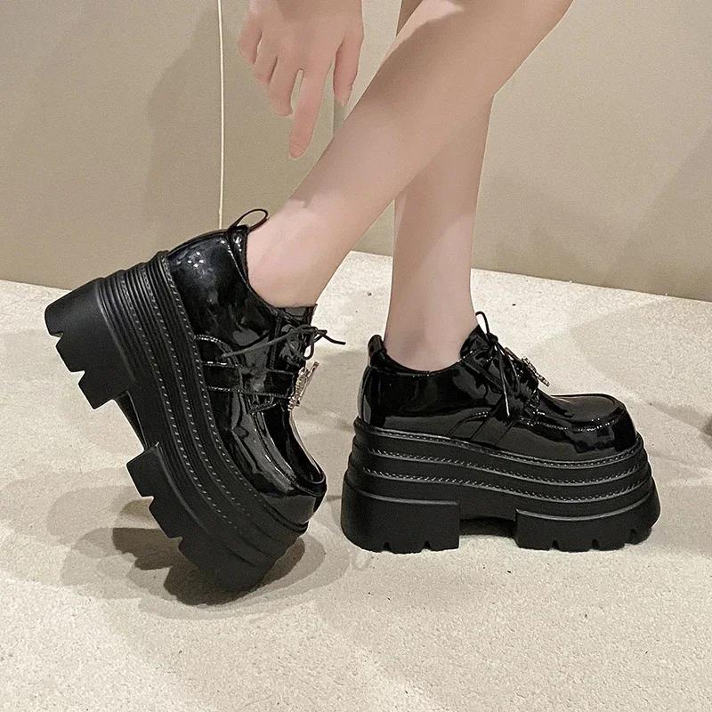 Fashion 10CM Patent Leather Chunky Heels Pumps 2025 Spring Autumn Ankle Boots Mary Jane Chunky Heels Buckle Platform Shoes Girls' shoes