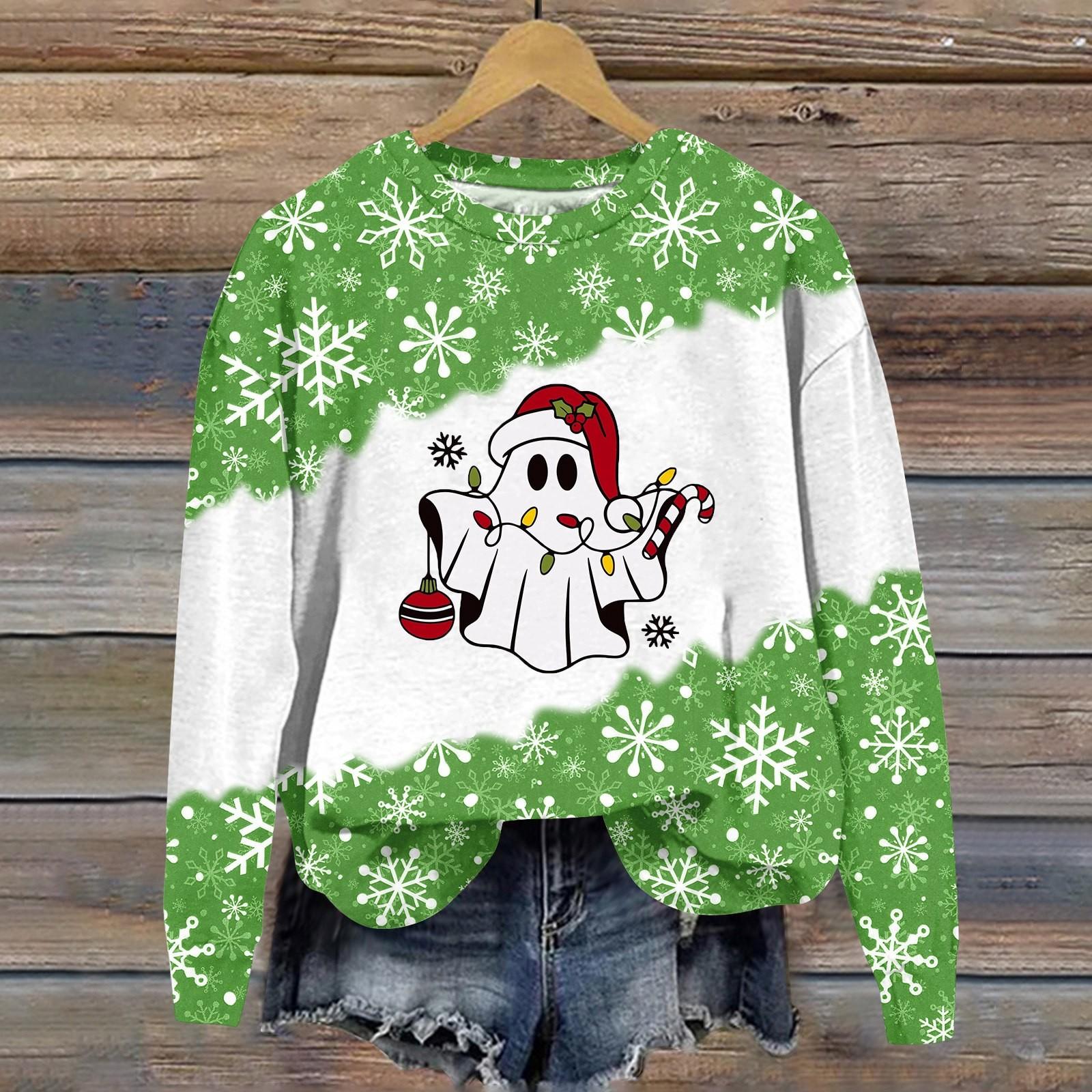 Женская мода рождественский принт длинный рукав свободный круглый вырез толстовка — фото 5