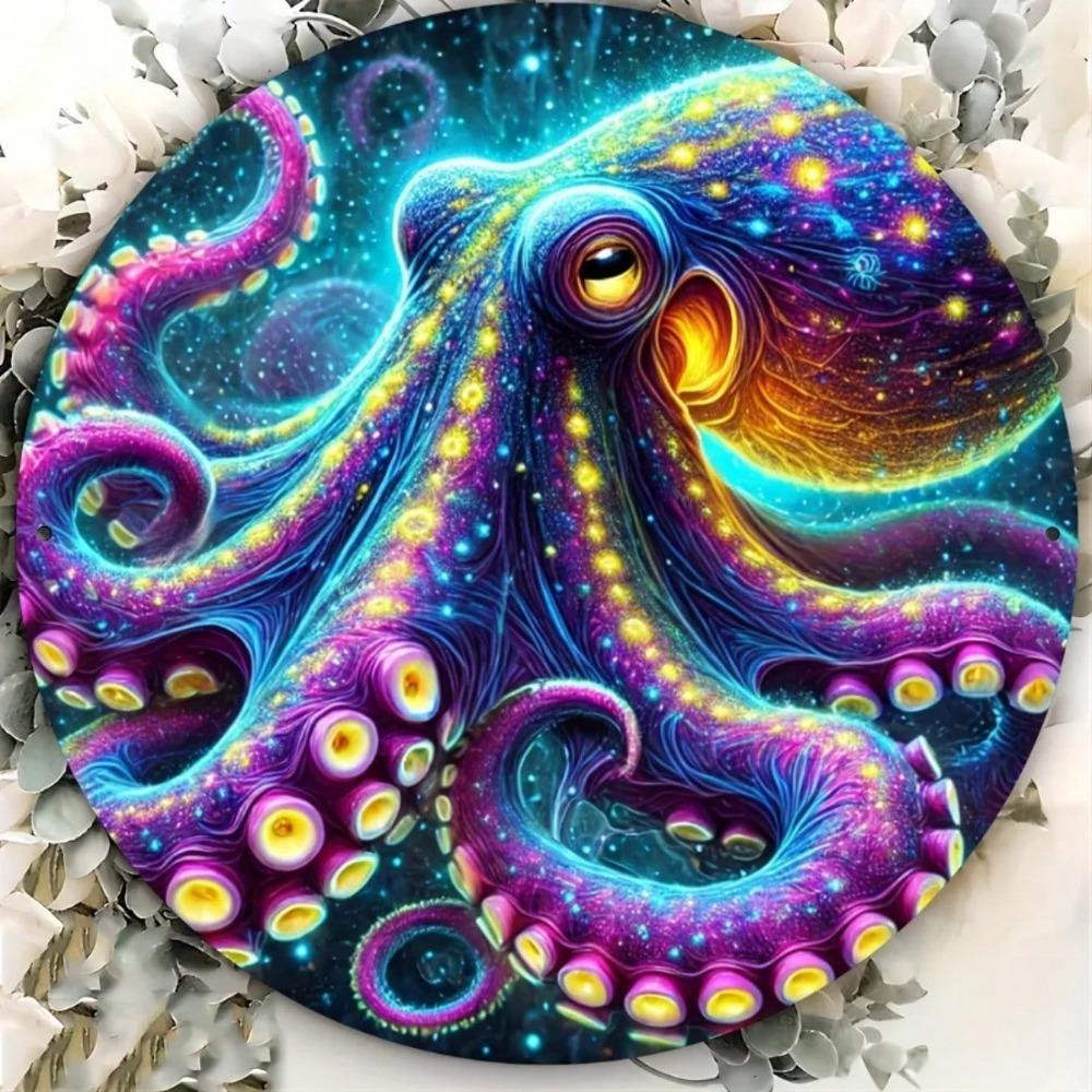 Metal Tin Sign Colorful Octopus Wall Art Durable Round Decor for Home Garden