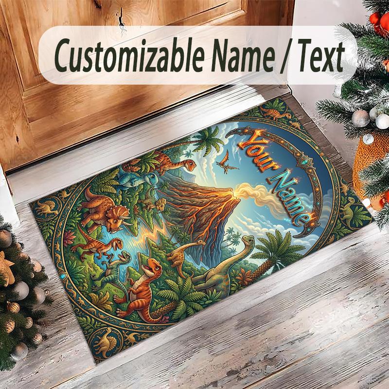 Dinosaur Theme Crystal Velvet Rug Personalized Custom Name Text Soft Floor Mat Home Decor