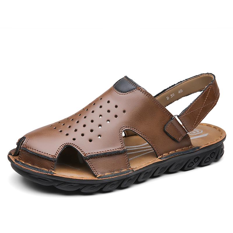 Men Brown Flats Slippers Summer Outdoor Wide Head Hiking Sandals Retro Black Leather Closed Toe Beach Shoes Plus Size