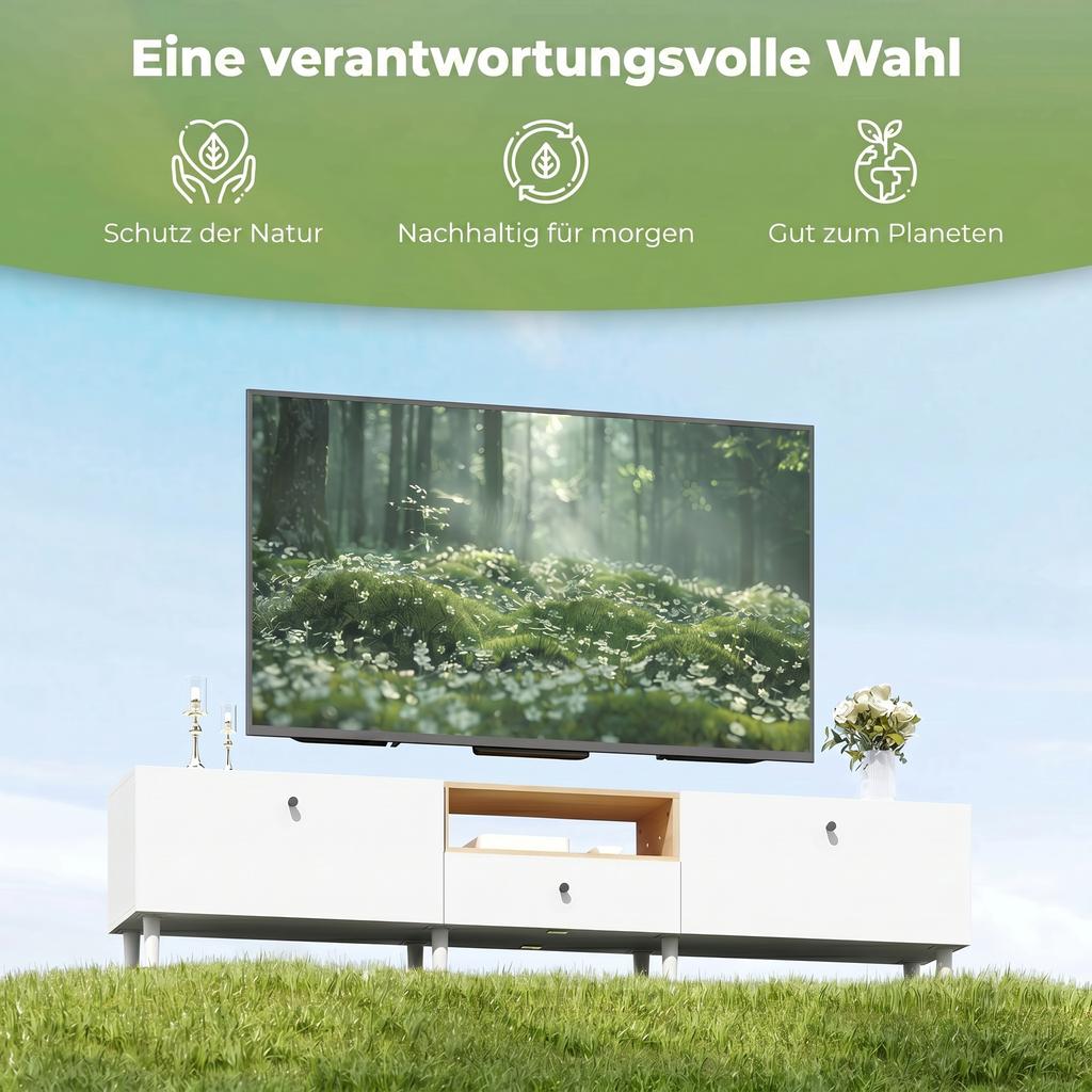 200 Cm TV Cabinet for TVs Up To 90 Inches, 2 Cabinet Compartments, Open Shelf, Drawer, 8 Legs, Chipboard, White