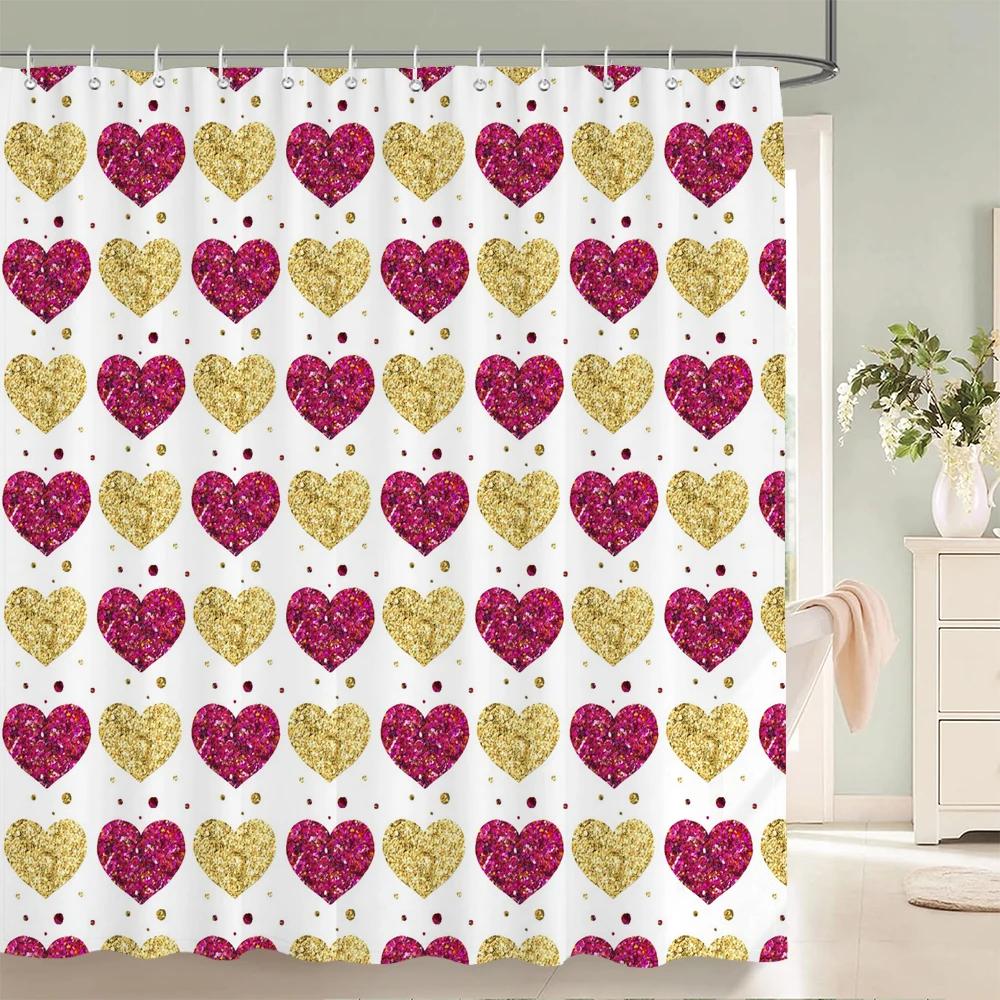 

1Pcs Pink love pattern waterproof shower curtain, modernist and romantic home bathroom decoration curtain, with hooks W90xH180cm