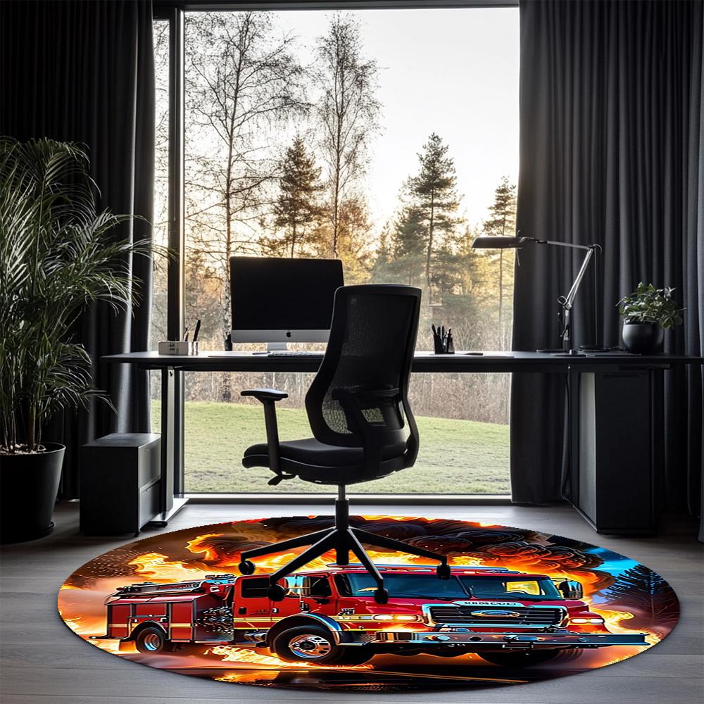 Fire Truck Printed Round Rug Carpet Chair Rug Area Rug Entryway Doormats,for Office Chair Living Room Bedroom Kitchen Room.