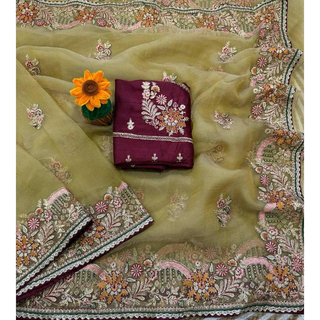 Premium soft zippy silk with c pallu multi thread and zari embroidery work with readymade lace and piping border