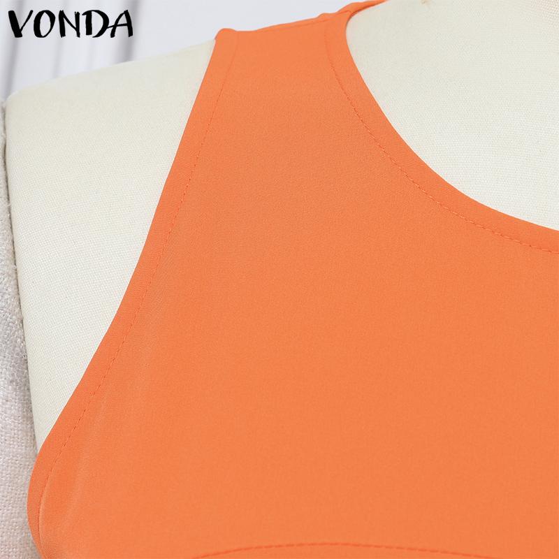 VONDA Summer Women Round Neck Sleeveless Solid Color Holiday Beach Long Pleated Dress