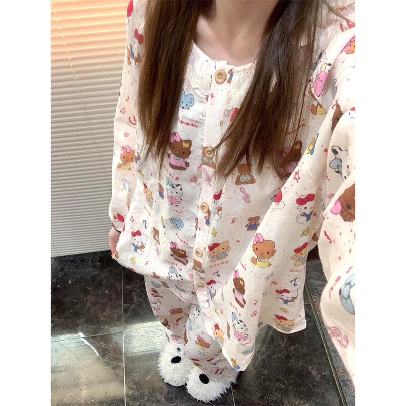 

Cute girl black leather kt cat pajamas women s spring and autumn new long-sleeved trousers loungewear set spot S