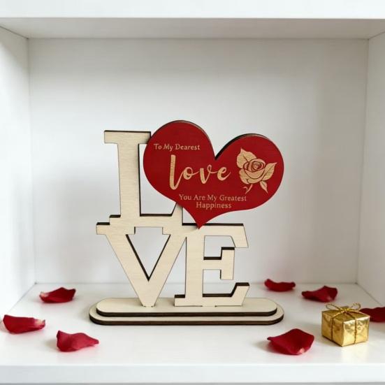 Valentine's Day Love Table Sign with Base Farmhouse Rustic Wooden Love Letter Ornament Anniversary Wedding Party Tabletop Decoration