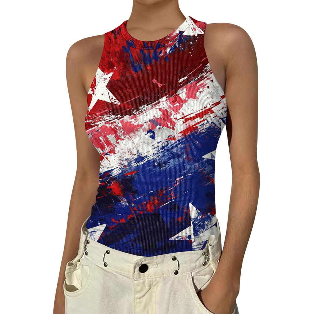 Women's Fashion Round Neck Independence Day Print Sleeveless Vest Top