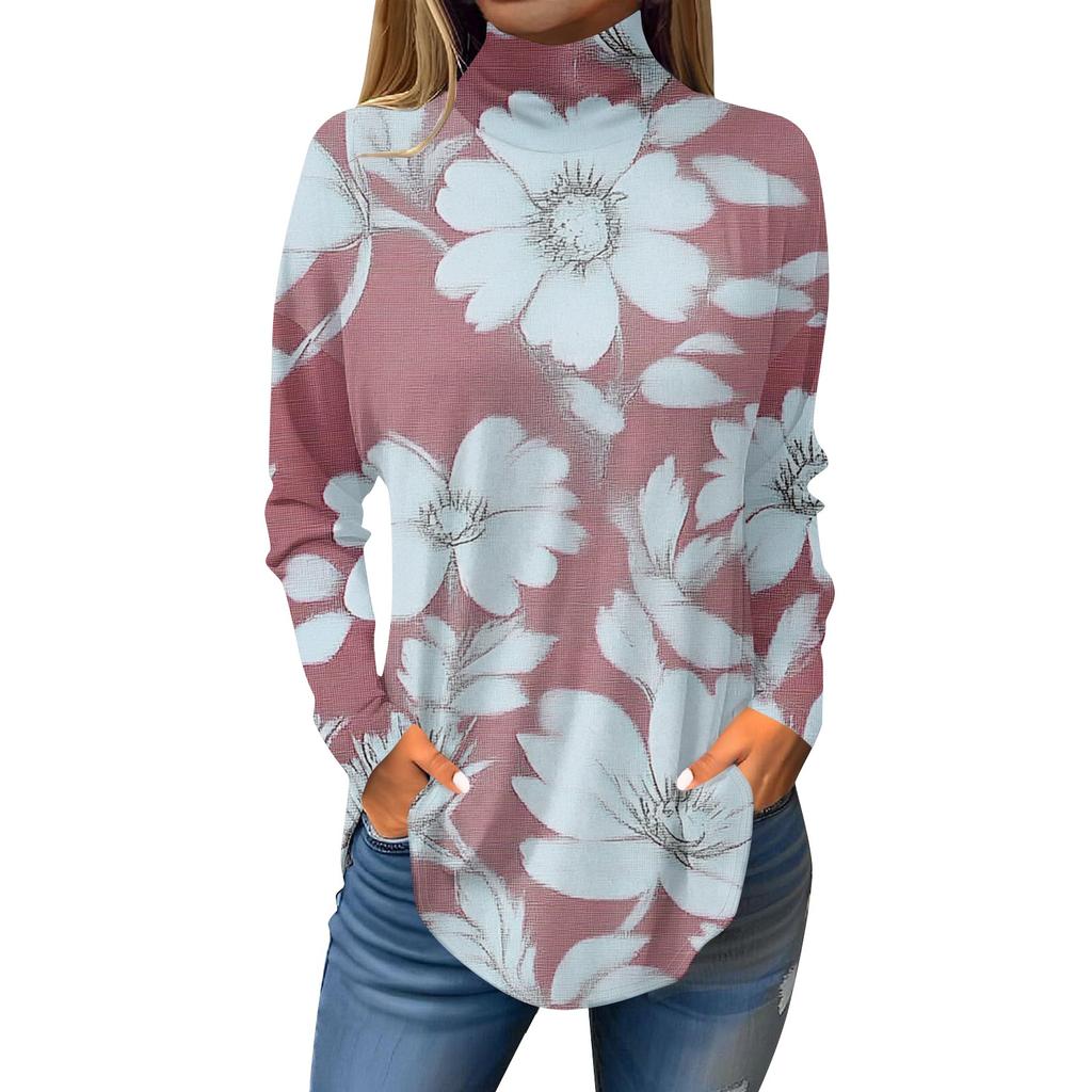 Koszulki damskie, jesienne, codzienne koszule z długim rękawem Bluza z nadrukiem w stylu vintage, sweter z wysokim dekoltem