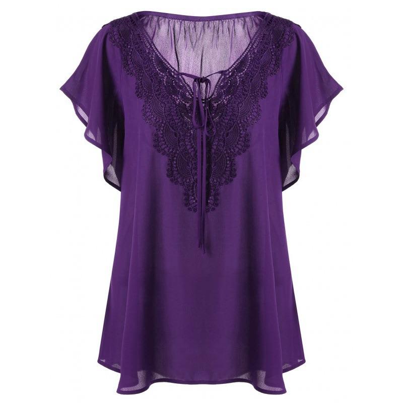Lace V Neck Loose Women Blouse Large Size Lace-up Short Sleeve Shirts Ladies Solid Color Loose Sweet Office Elegant Fashion Simple Clothing