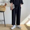Men's Spring and Autumn Models Solid Colour Workwear Jumpsuit Nine Trousers Loose Half-sleeve Button Jumpsuit Trousers