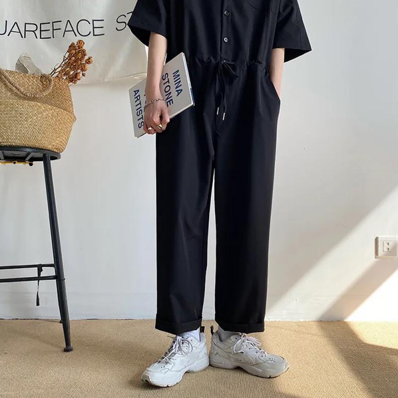 Men's Spring and Autumn Models Solid Colour Workwear Jumpsuit Nine Trousers Loose Half-sleeve Button Jumpsuit Trousers