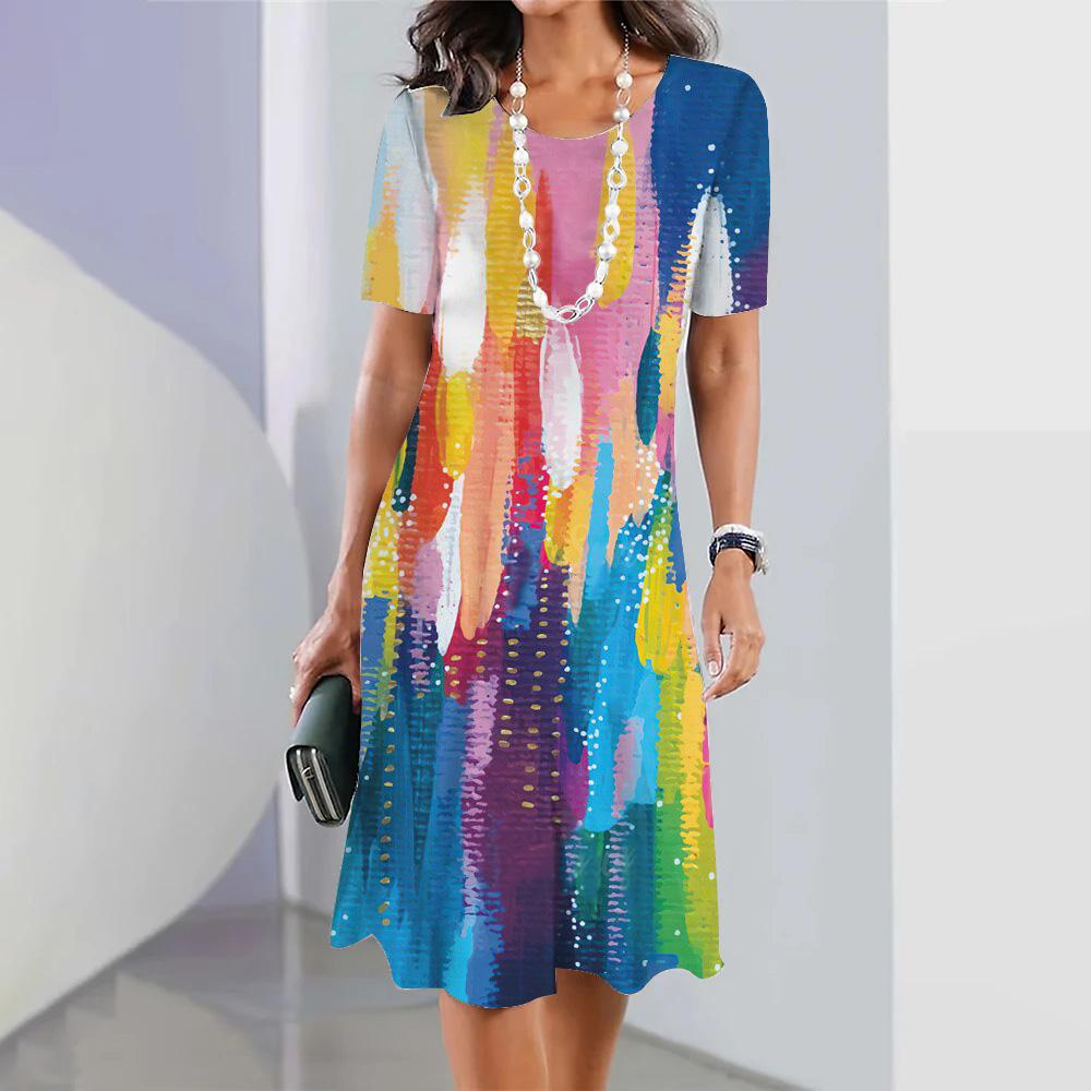 Summer Women's Fashion Round Neck Short-sleeved A-line Dress 3d Colorful Printing Casual Loose Dress