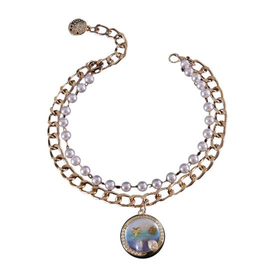 Faux Pearl Pet Necklace for Cats Dogs Adjustable Double-Layer Cat Collar with Ocean Theme Pendant for Wedding Birthday Accessory