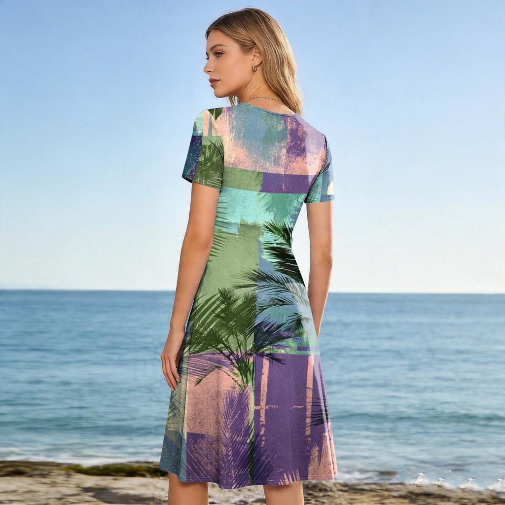 Women’s V Neck Short Sleeve Midi Dress with Tropical Landscape Print Lightweight Summer Casual Dress for Daily Wear