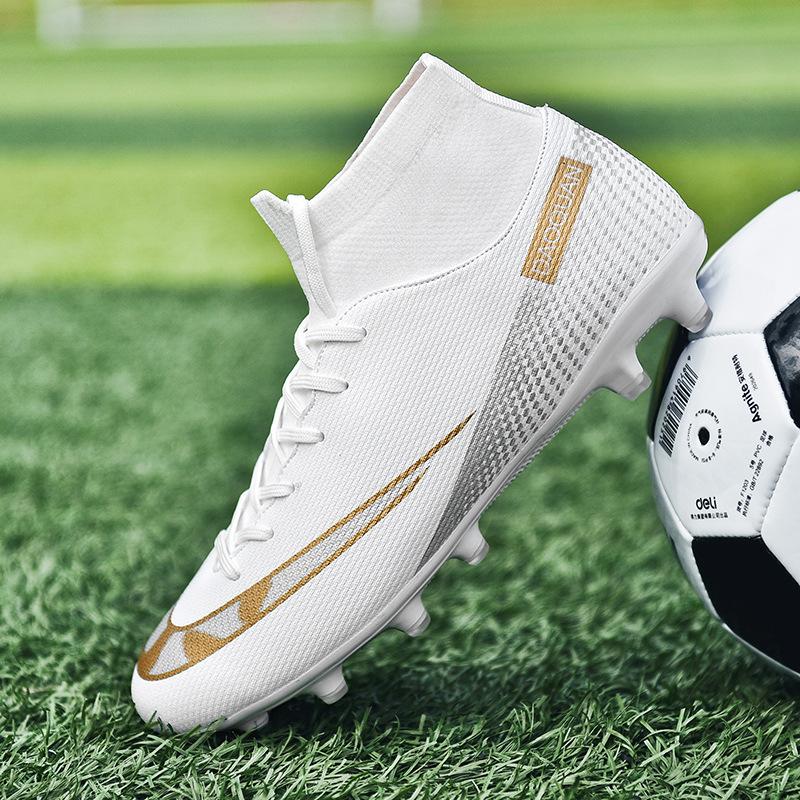Football shoes high-top broken nails artificial turf leather feet men's and women's spikes competition student training shoes one piece 2025