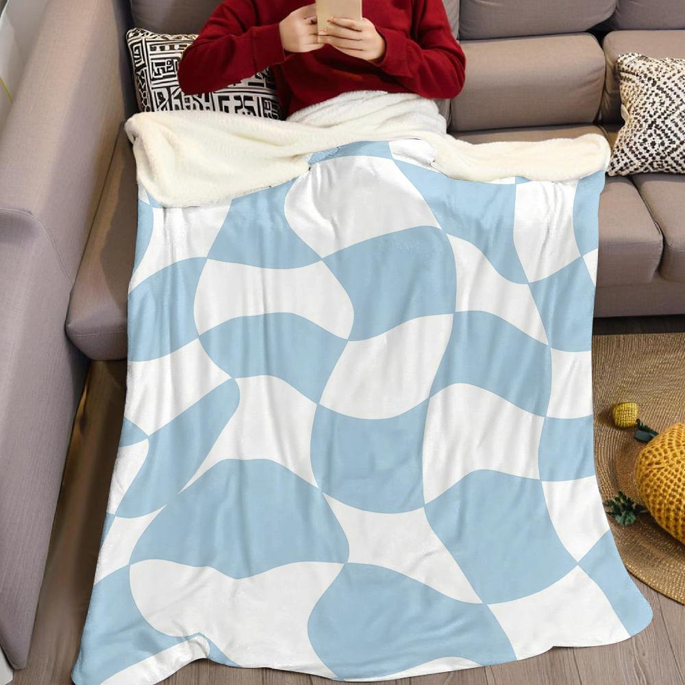 Blue Wavy Checker Flannel Blanket Warm Soft Halloween Christmas Couch Warm Cozy Decorative Decor Gift For All Season