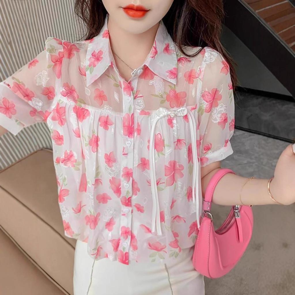 Women's Floral Shirt Short Sleeved Shirt Summer Top Suit Collar Design Sense Niche Base Shirt
