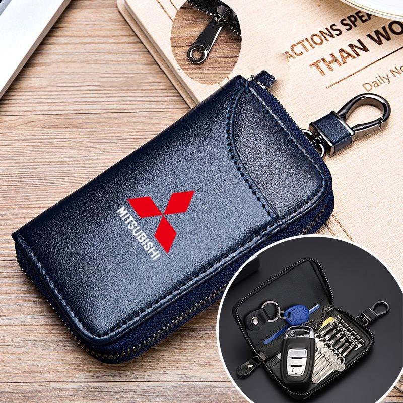 Skórzana Torba na Kluczyki Samochodowe Brelok z Logo Pojazdu Etui do Mitsubishi Outlander Lancer 9 10 ASX L200 Pajero Mirage Montero Eclipse