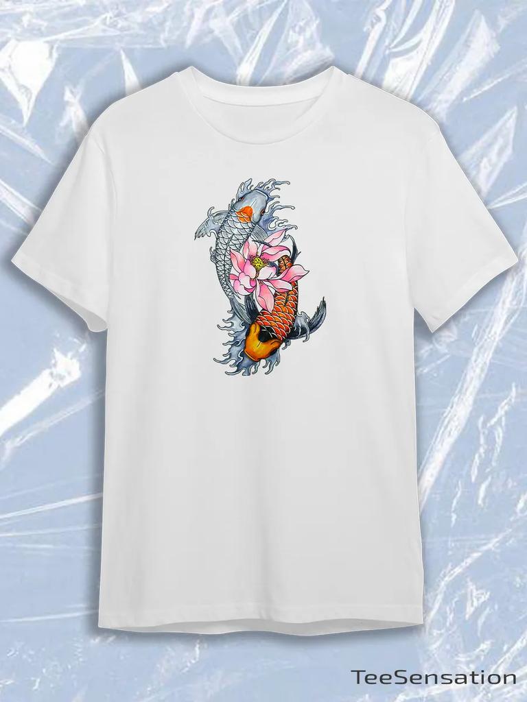 TeeSensation White Crew Neck Short Sleeve T-Shirt with Two Colorful Koi Fish Pink Lotus Tattoo Vertical Print