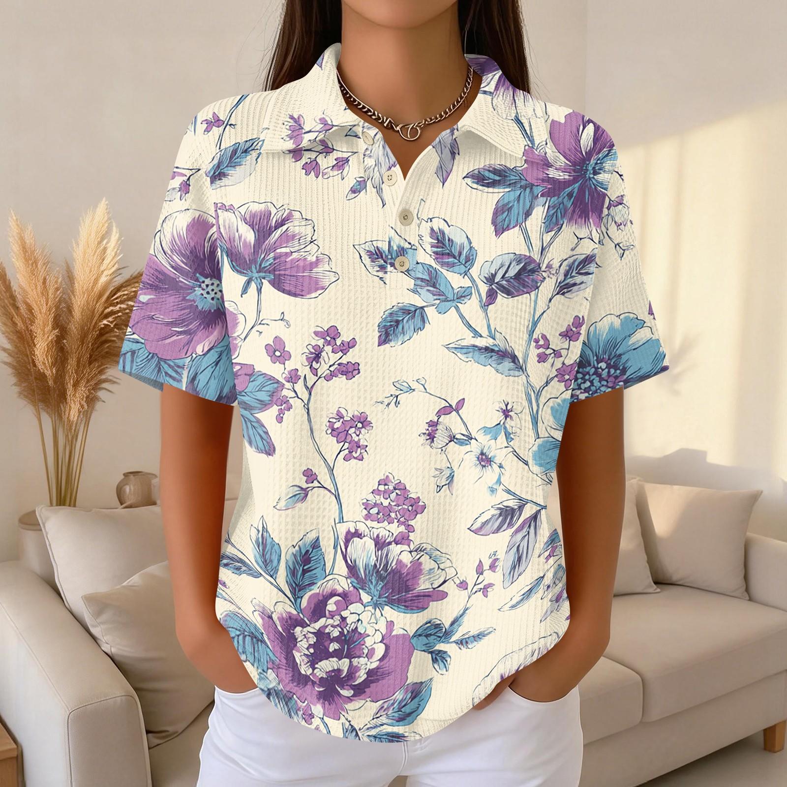 

Womens Casual Short Sleeve Floral Print Waffle Knit Polo Shirt Lightweight Button Down Top for Summer XXL синий
