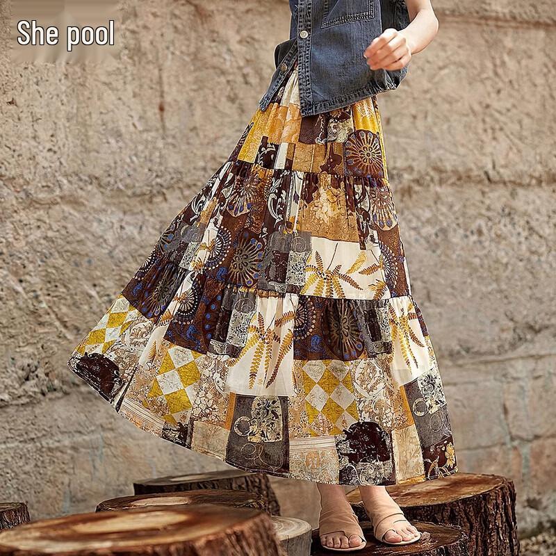 Women s Retro Floral A-Line Maxi Skirt One Size