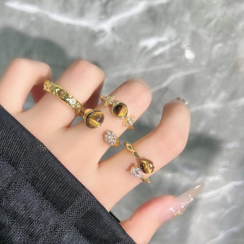 Autumn and Winter Advanced Sense Adjustable Index Finger Ring Niche Maillard Tiger's Eye Stone Gold Ring Women's Light Luxury Stacked Ring