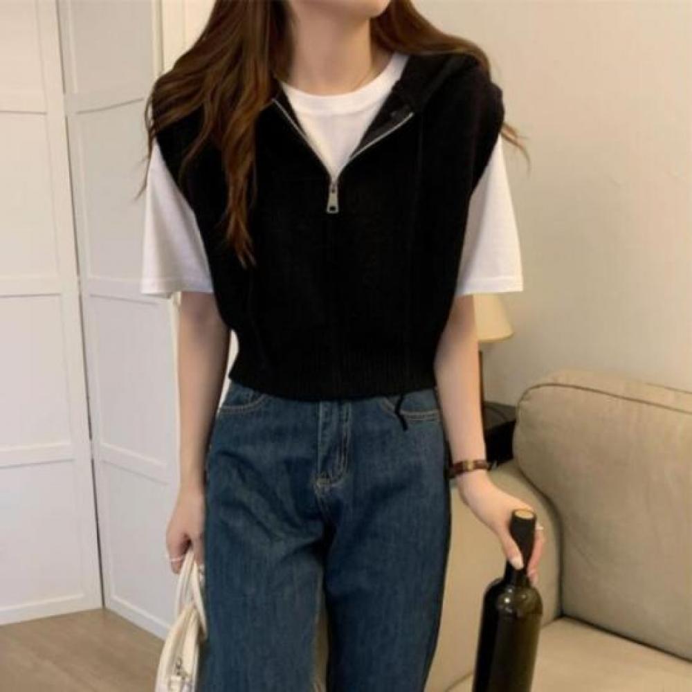 New Arrivals Open Run Cropped Hooded Zip Up Vest Slim Fit