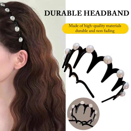 2Pcs Women Headband Faux Pearls Decor Anti-slip Teeth Hair Hoop Lightweight Elastic Hair Accessory Daily Wear