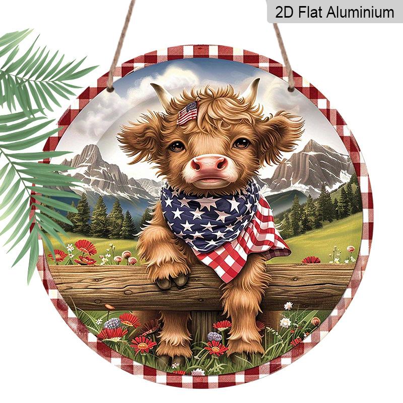 2D Flat, 1pc Highland Cow with American Flag Bandana Metal Wall Decor - Rustic Farmhouse Cabin Living Room Office Decor - UV & Scratch Resistant