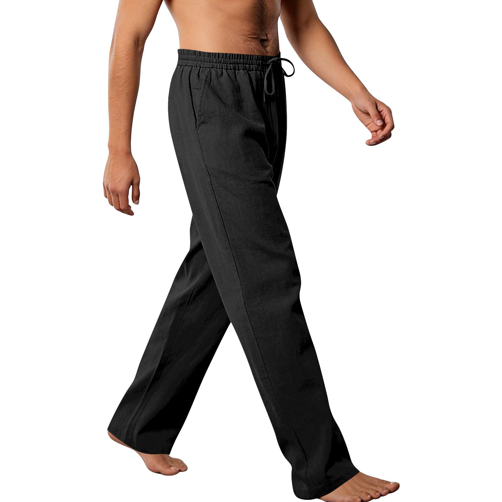 Men s Cotton Linen Pocket Fashion Trousers L чёрный