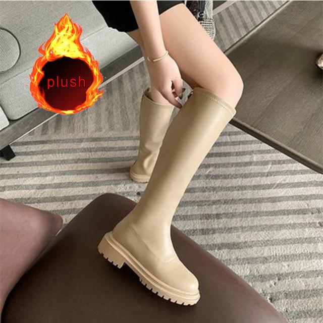 Botins de Inverno Sapatos Femininos Botas de Cano Médio Botas Baixas de Couro PU Macio Sapatos Moda Feminina Outono e Inverno Novo