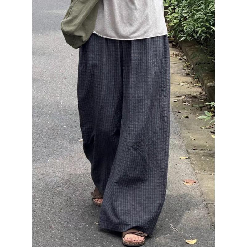 Retro Plaid Wide Leg Pants Women High Waist Loose Casual Trousers