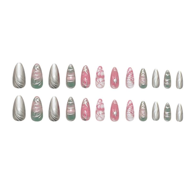 24Pieces Glossy False Nail Featuring 3D Waves Silver Icy Butterfly Pearls Effect Easy Application Design