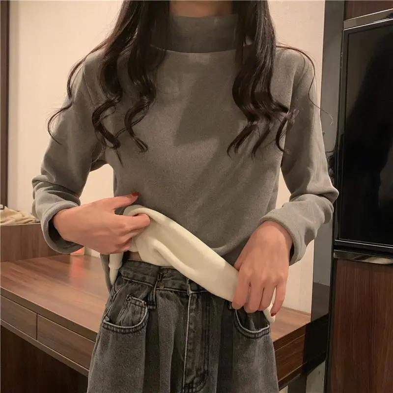 Autumn and Winter Semi-high Collar Plus Velvet Thickening Warmth and Comfort Sanding Base Shirt with T-shirt Long-sleeved Solid Color Top
