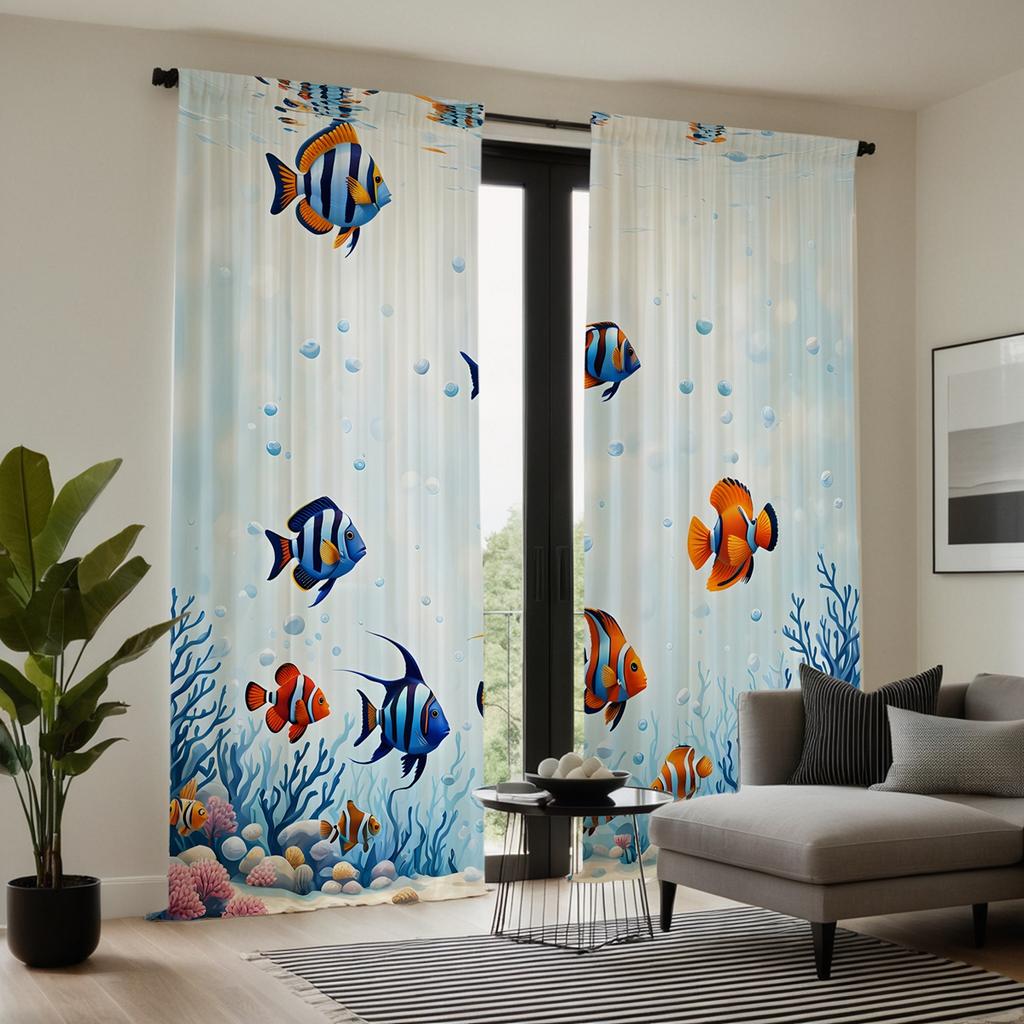 2 pieces of HD blue sea bottom goldfish coral decorative curtain white tie digital printed curtain Home decoration style decorat