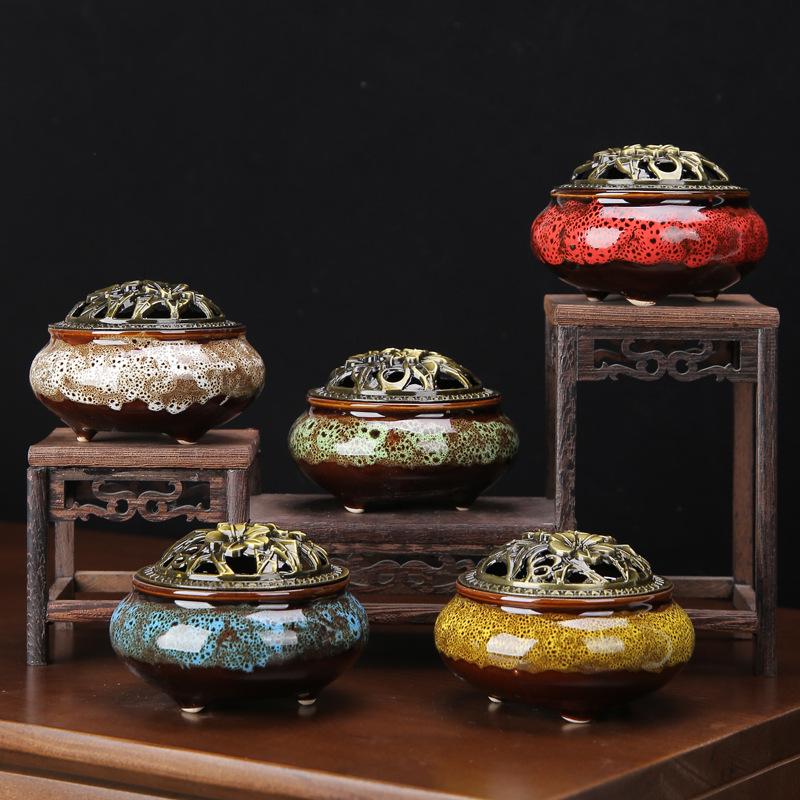 Ice Crack Coil Incense Burner with Fire Cotton Pad 4 Hours Ceramics Incense Cone Censers for Home Decor Ornaments Simple Ashtray 7