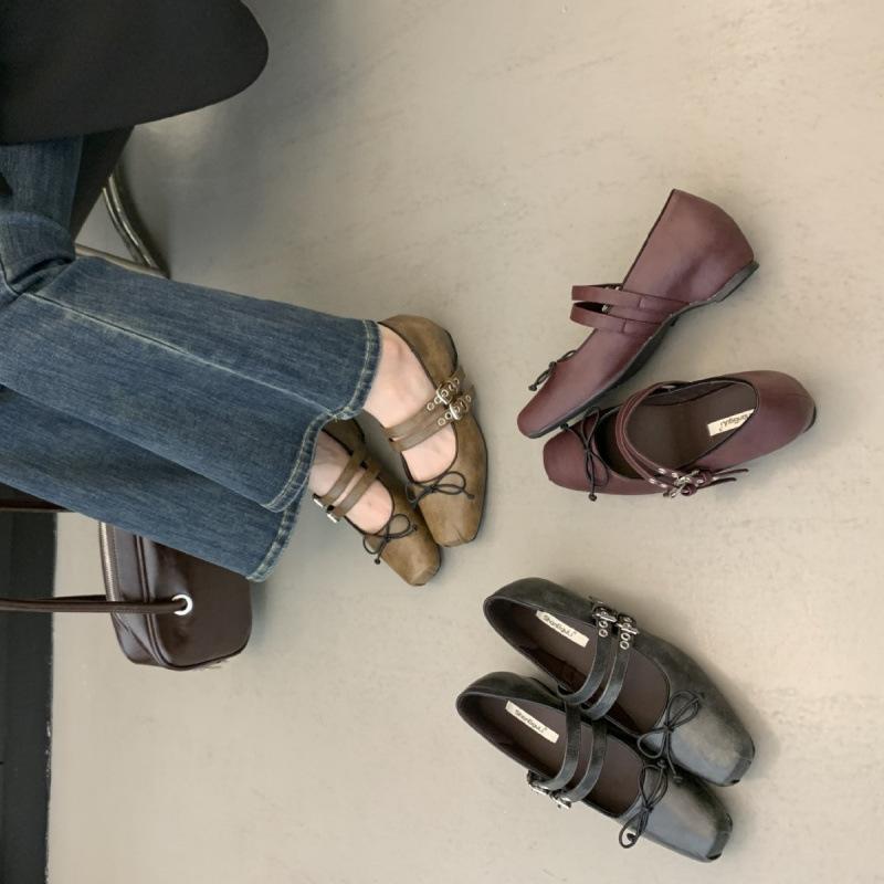British style bow square head soft leather thick heel Mary Jane shoes women's shoes double breasted light mouth single shoes