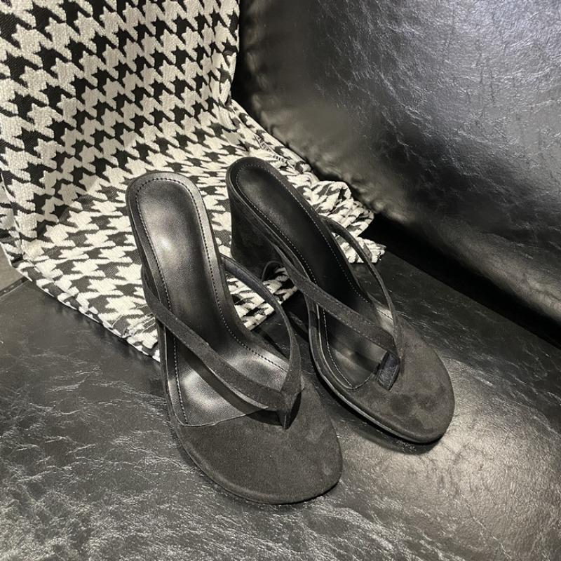 

Sheepskin retro high-heeled high-heeled slippers women s summer thick-heeled leather outer flip-flops cool slippers 35