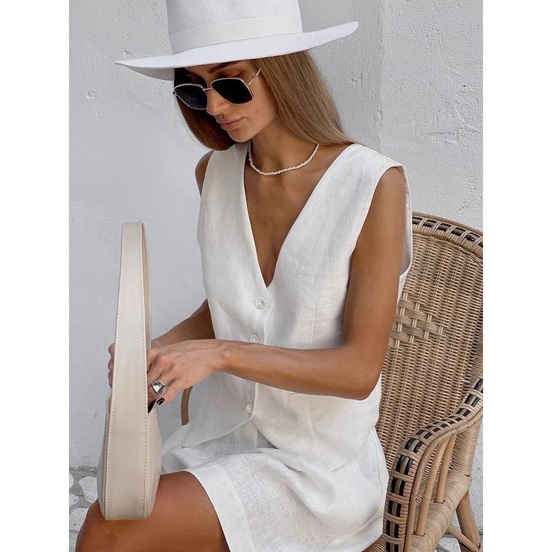 European and American Design Cotton and Linen Suit Vest Shorts Leisure Vest Set Women Suit Vest Shorts Set