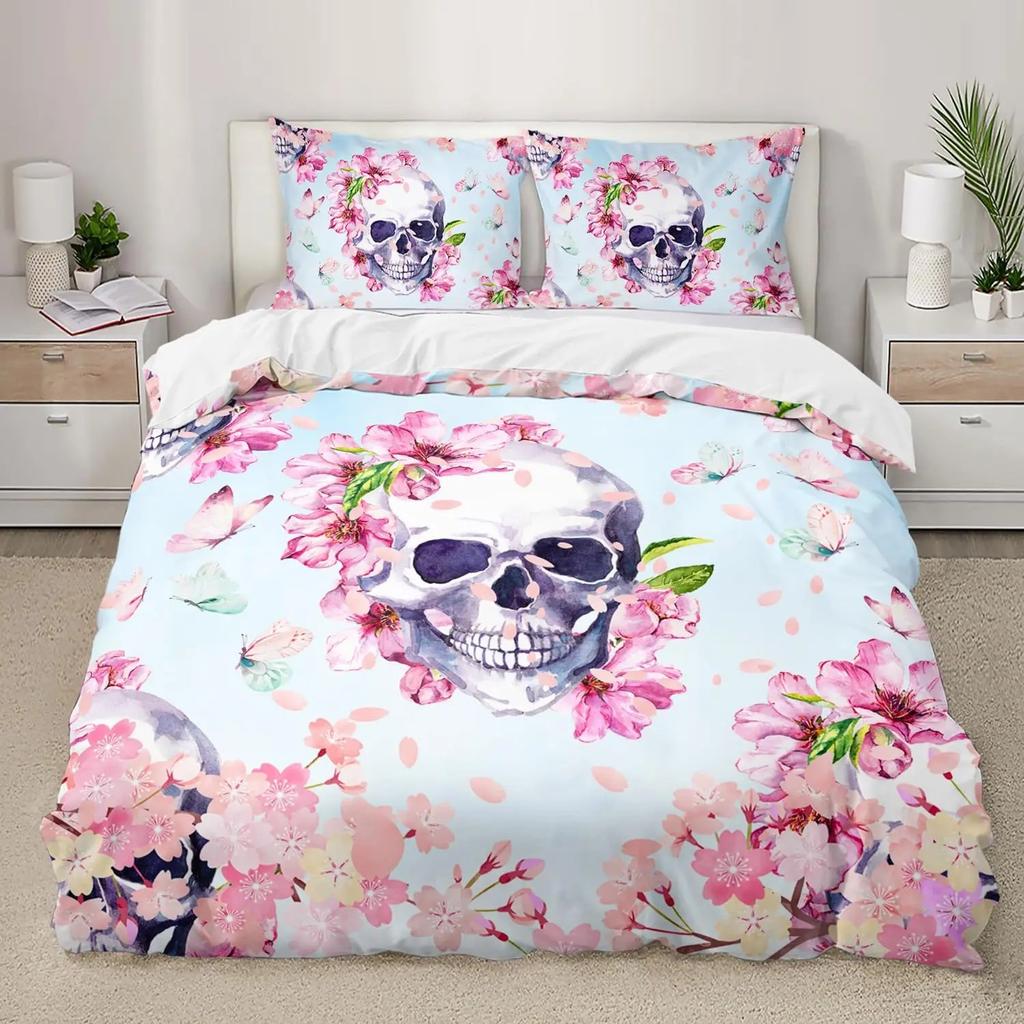 Sugar Skull Duvet Cover Colorful Vintage Floral Bedding Set Hippie Mexico Style Comforter Cover Gothic Skeleton Quilt Cover