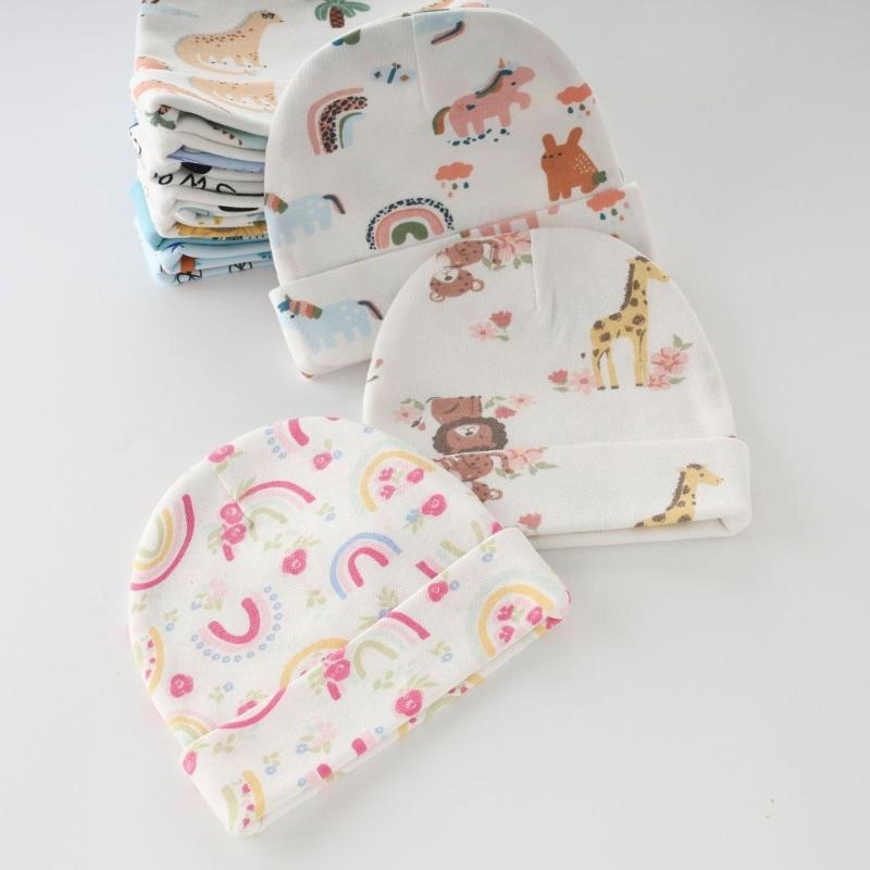3 Set Baby Bonnet Hat Feature Foldable Cuff with Mittens Cotton Fabric Gentle On Skin Multiple Color Available