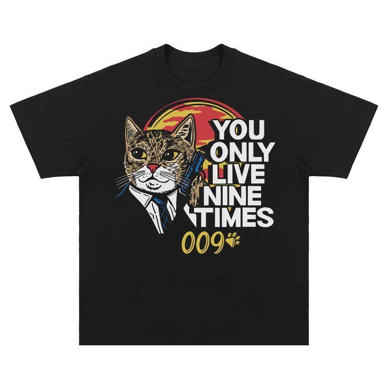 

2026 New Fun Creative AmericanWacky Cat Secret Agent Print High Quality Mens Short Sleeve Crew Neck Comfortable Loose Tee 4XL