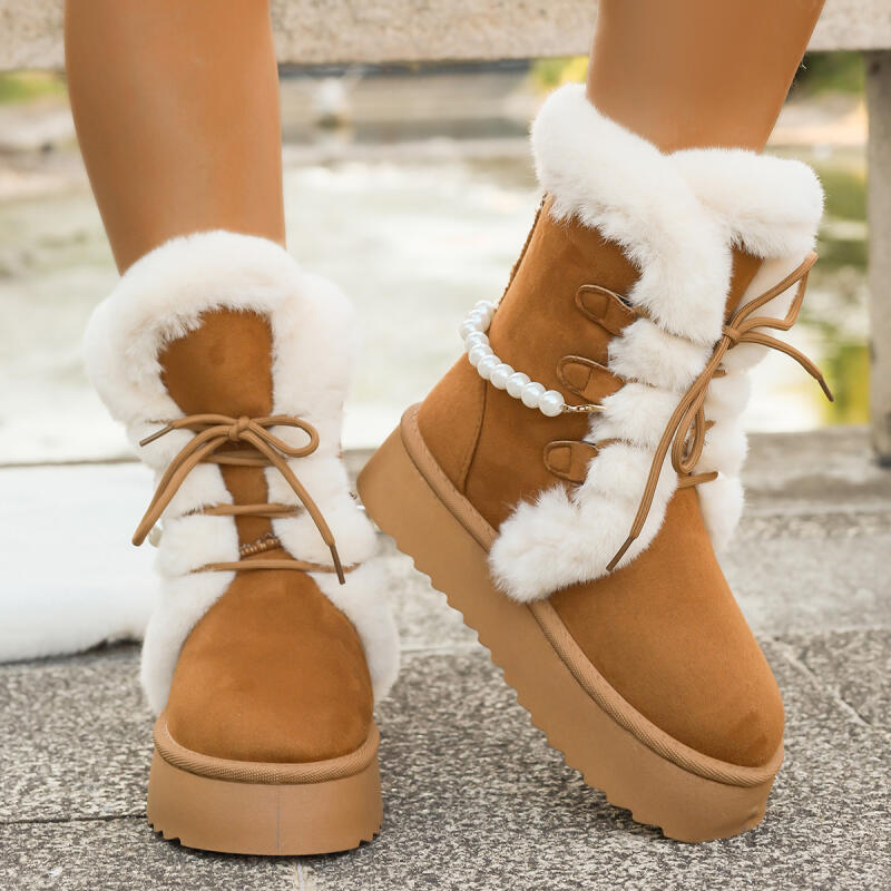Fashion Non Slip Thick Bottom Furry Snow Boots Women 2025 Winter Pearl Bead Fluffy Fur Ankle Boots with Platform Warm Plush Suede Shoes