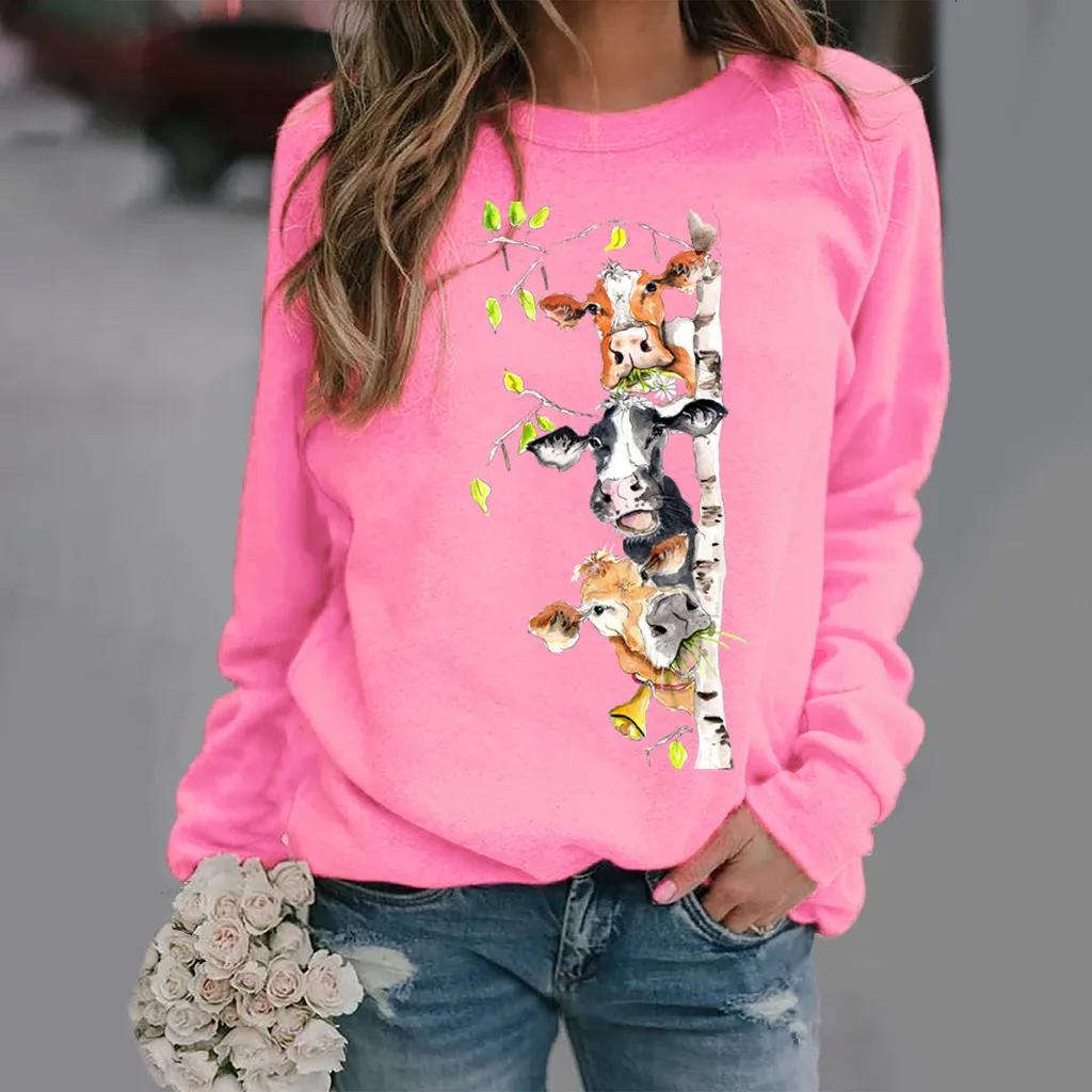 European and American Cow Pattern Printed Long Sleeve Crew-neck Hoodie Women's Wear Clothes  Aesthetic  Streetwear Women