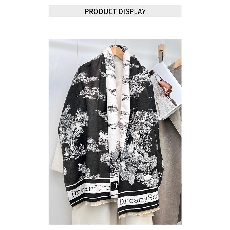 180*66cm Damski Luksusowy Szal Szalik Imitacja Kaszmiru Atramentowy Styl Chiński Jesień Zima Ciepłe Dodatki Odzieżowe
