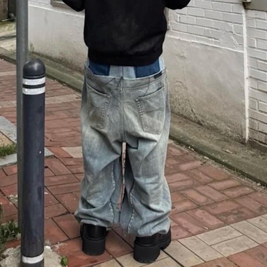 RogueWave CUT-UP Dobbeltlags Jeans med dobbel midje og patchwork-design for menn og kvinner. Rette, avslappede, løse denimbukser i oversized størrelse.