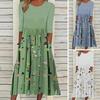 Damen Sommer Fließendes Midi-Kleid Boho Floral Plissiertes Kleid mit Taschen Lässig Halbarm Rundhals Schwingkleid