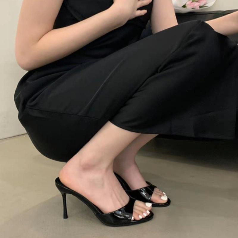 Wine Red Patent Leather Women Slippers Sandals Round Open Toe Thin High Heels Mules Slides Summer Party Dress Shoe